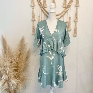 Amazon Boutique ruffle shirt sleeve mini dress blue green flouncy romantic M